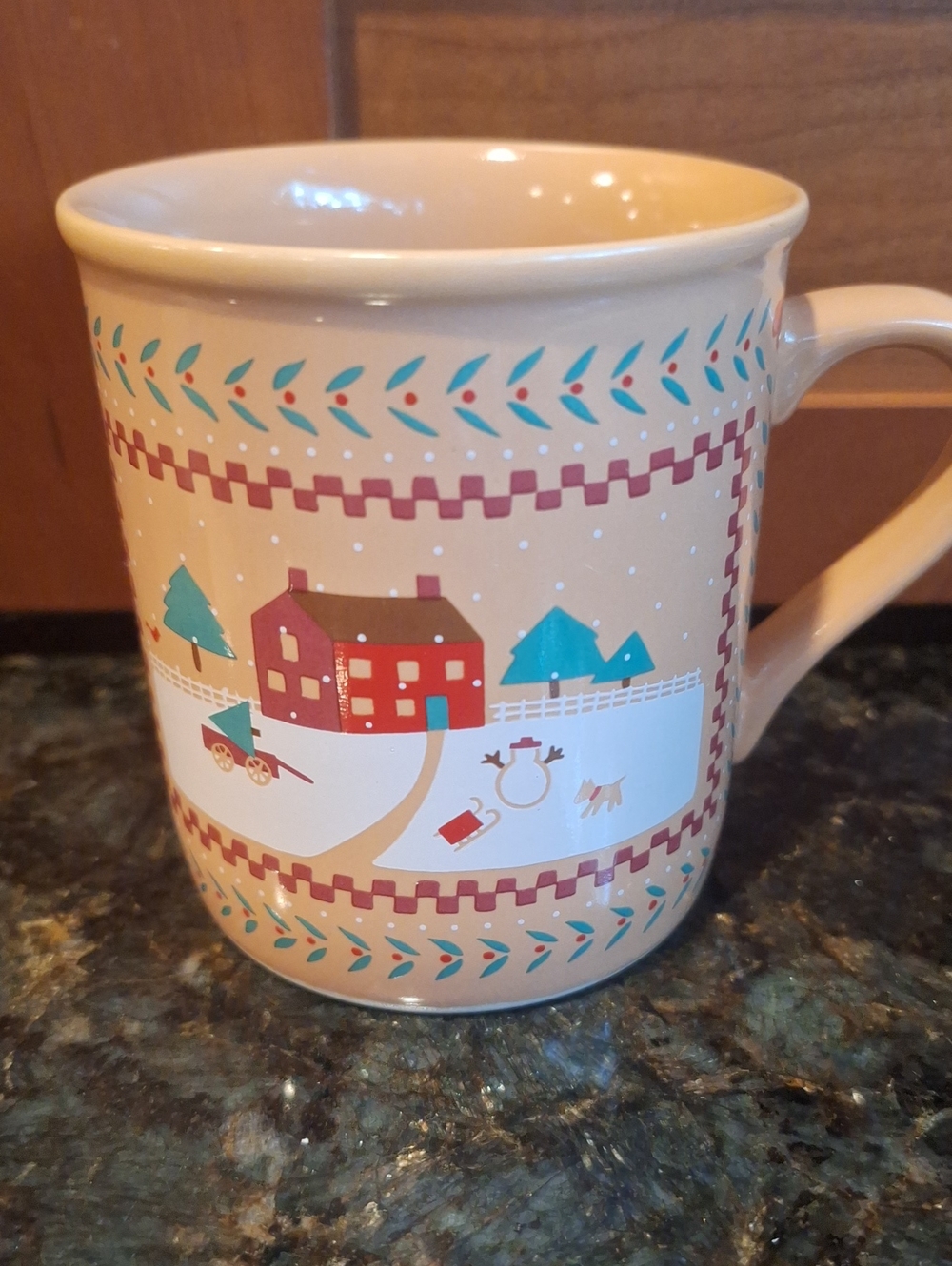 Vintage 1985Hallmark Ceramic Christmas Mug with Red and Teal Holiday Cottage